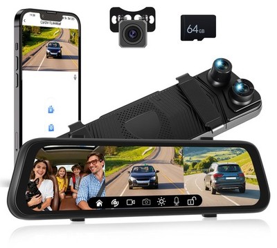 SIXTOP WiFi 3 Kanal Spiegel Dashcam vorne und 9,66 Zoll, 3 Kanal, schwarz 