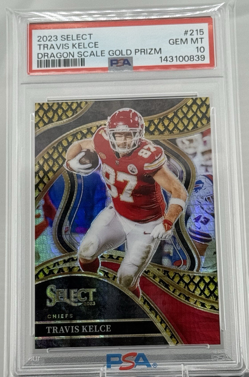 2023 Panini Select Club Level Travis Kelce Dragon Scale Prizm Gold /10 PSA 10