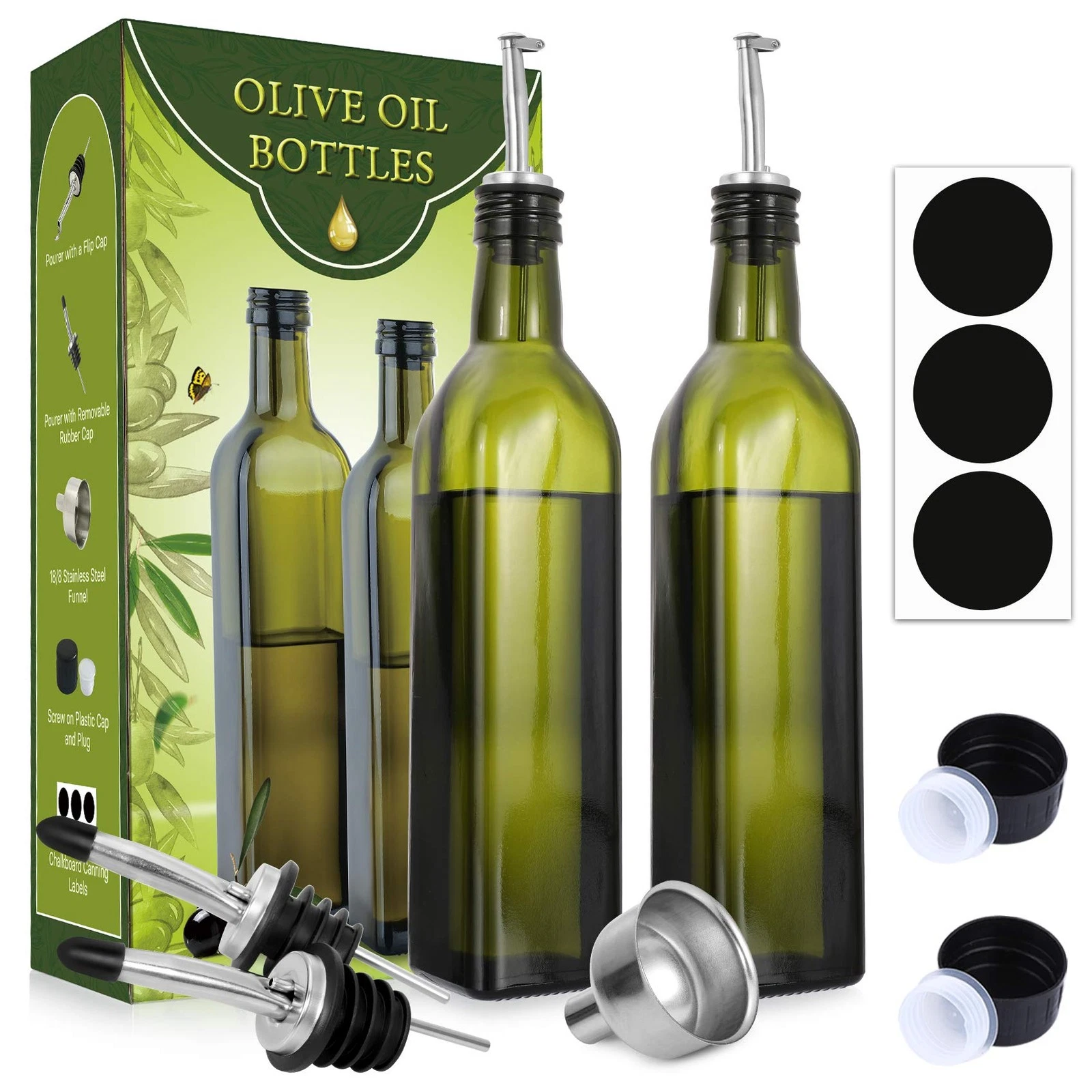 Aozita [2 Pack] 17 Oz Glass Olive Oil Dispenser Bottle Set - 500Ml Dar