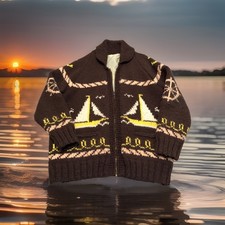 Cowichan Style Mary Maxim Pattern Knit Sweater brown nautical sailing XL