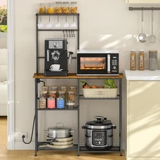 Bakers Rack with Power Outlet, Kitchen Microwave Stand with 10 S-shaped Hooks