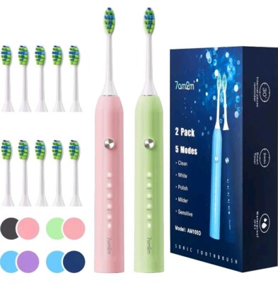 7AM2M Rechargeable Sonic Electric Toothbrush 2 Pack, Soft Toothbrushes 140 