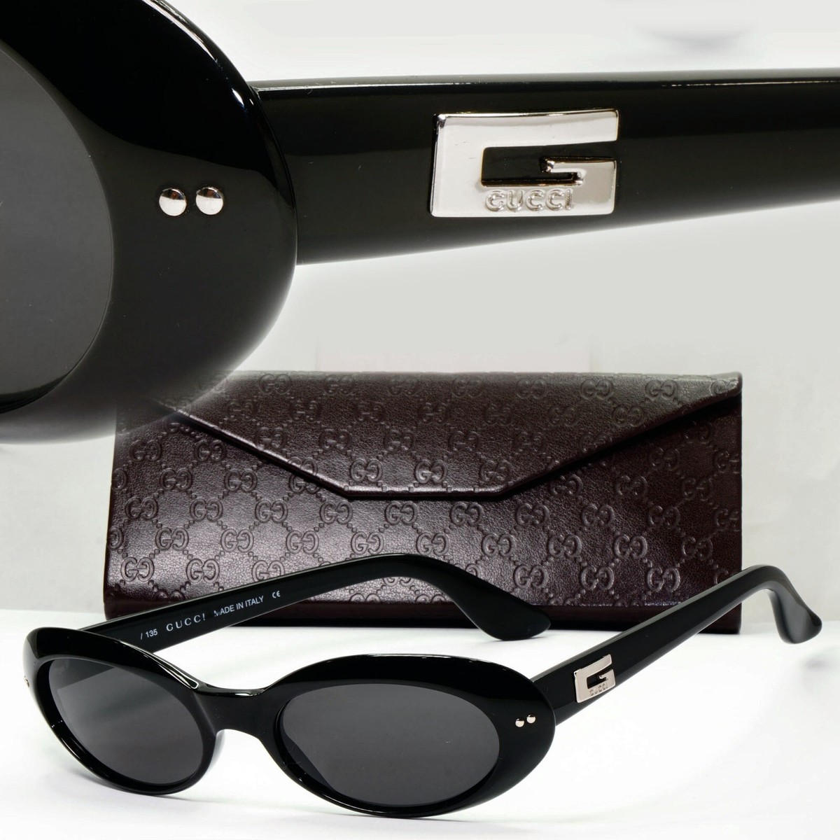 Gucci Sunglasses 1997 Vintage Black Silver Womens Oval GG 2413/N/S