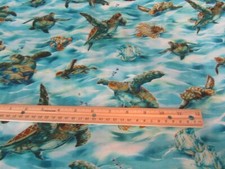 Blue Sea Turtle and Ocean Fish Cotton Fabric By The Yard