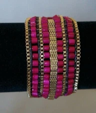 NEW Jenny Bird Gypset Cuff Wrap Gold Chain & Bead Bracelet Leather Crd Pink 