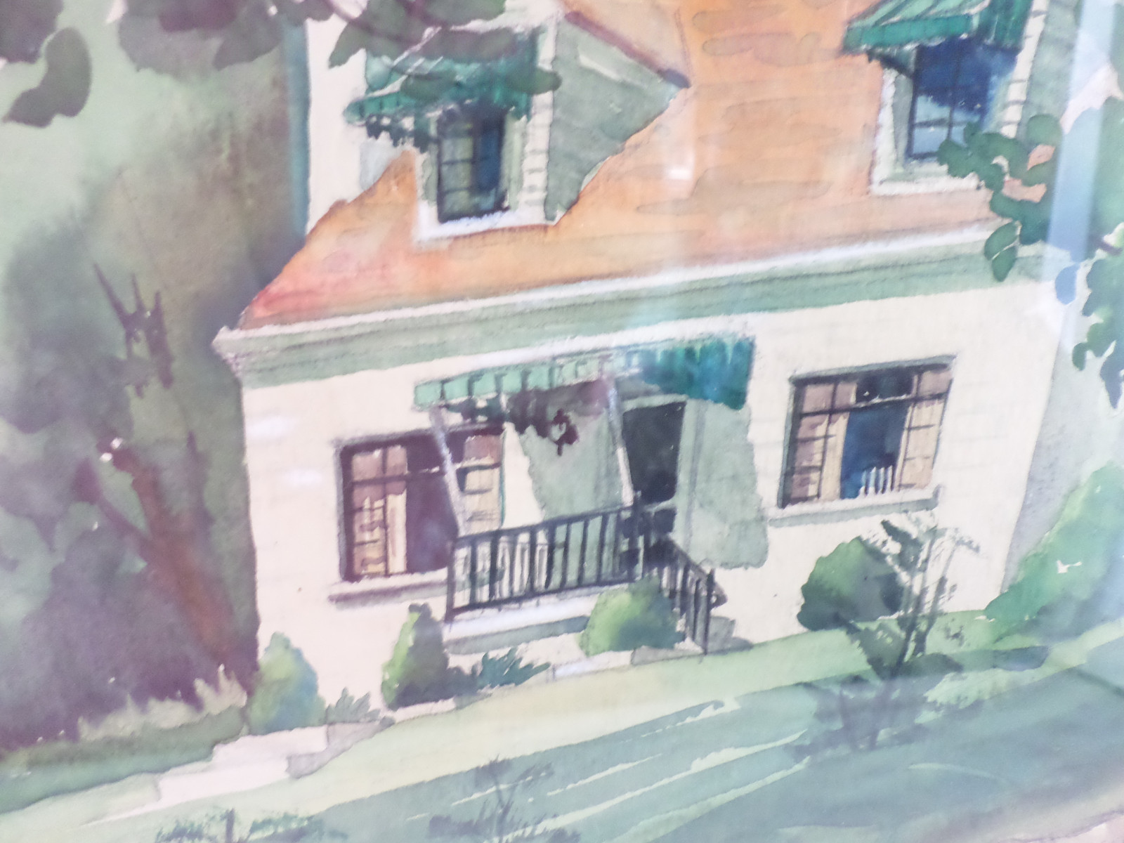 Mid Century Bungalow House Watercolor M.G. Clark Framed Vintage