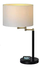 Adesso Swing Arm Qi Wireless Charging Table Lamp in Brass/Black with Drum Shade