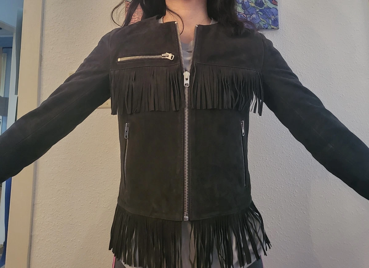 Topshop Fringe Real Leather Moto Western Jacket Black Size 4. Suede Leather