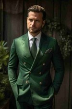 Men's Green Double Breasted Tailored Suit, Slim Fit Formal Wear Blazer Coat