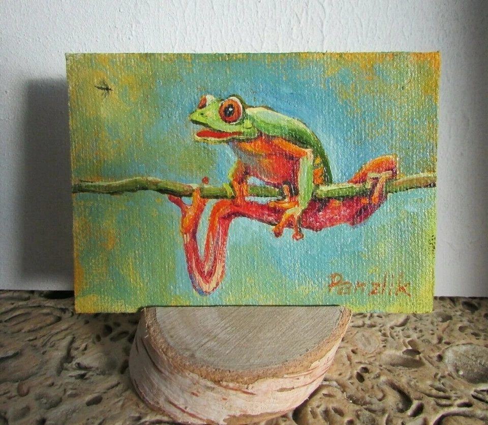 Frog art Original oil painting ACEO card Toad painting Canvas art  Ukraine art - Image 2 of 4