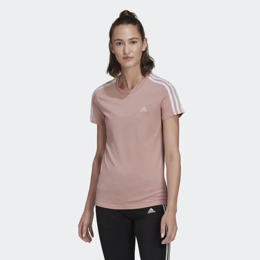 ADIDAS WOMENS T SHIRT SLIM 3 STRIPES TOP CASUAL GYM SPORTS T-SHIRT PINK XS-XL - Image 2 of 4