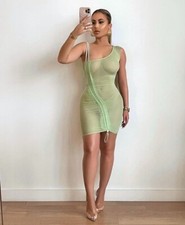 PLT Pretty Little Thing SHAPE SAGE GREEN SHEER MESH BODYCON DRESS. UK Size 8