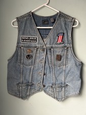 Vintage Women's Denim Jean Vest Pocket Button Front Harley Patch Biker Liz Wear