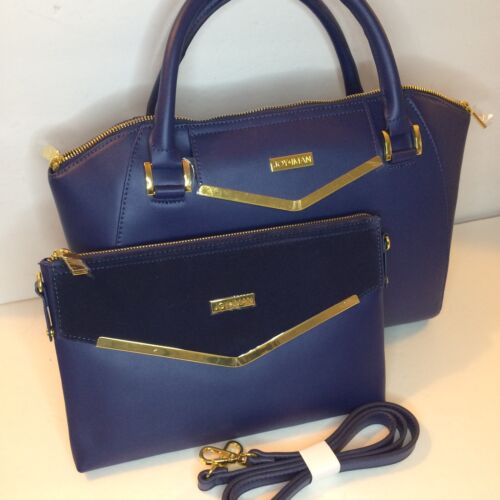 Joy & Iman Couture Leather NAVY large satchel & clutch w velvet details NEW