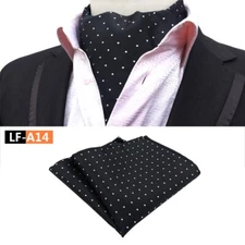 Classic Men's Ascot Cravat Tie Silk Polka Dot Black White Scarf Cravat Hanky Set