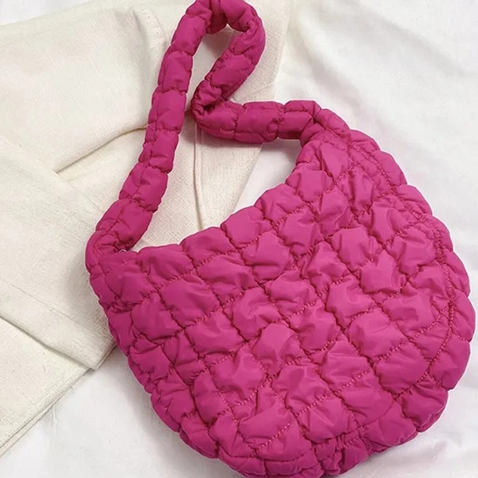 Nylon Puffer Solid Color Purse Tote Handbag Slouch Bag Hot Pink