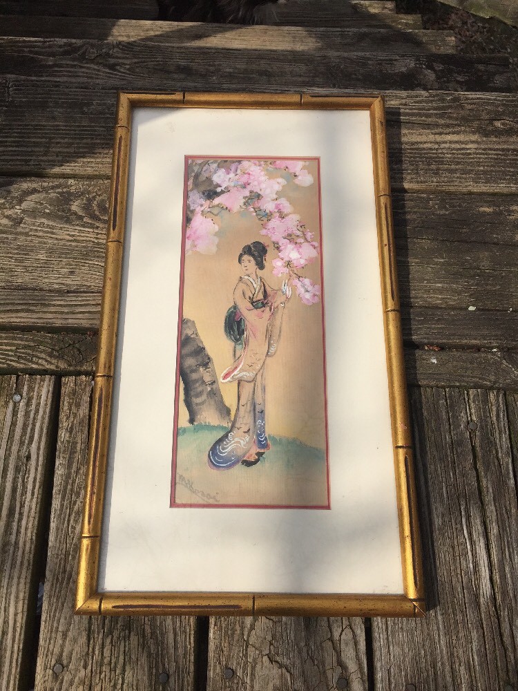 GEISHA GIRL Under the CHERRY BLOSSOM TREE Asian Bamboo Frame