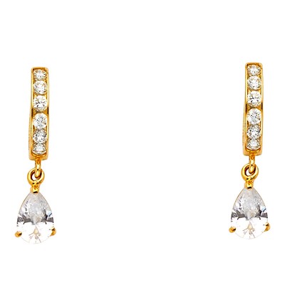 Ioka - 14K Yellow Gold CZ Stone Tear Drop Hanging Huggies Hinged Earrings
