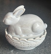 Mosser Glass - Bunny on Basket/Nest - MARBLE Gray Easter Spring Trinket Box