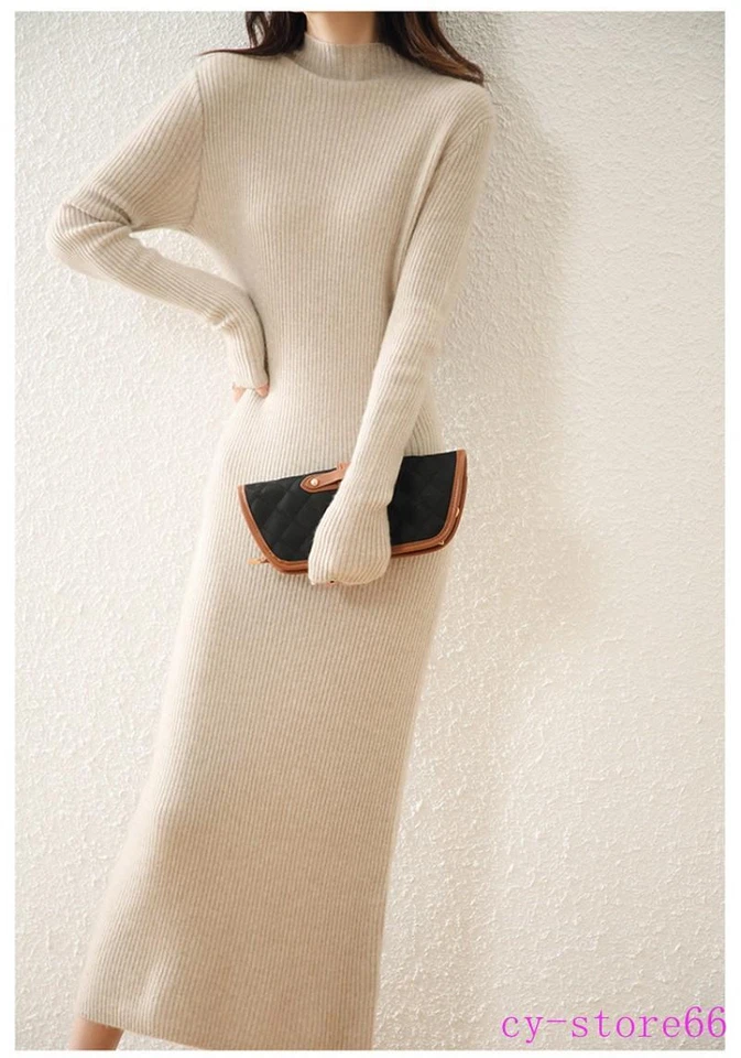 Maxi falda larga de lana cuello alto 100 % cachemir tejido suéter vestido para mujer 2024 Foto 2 de 4