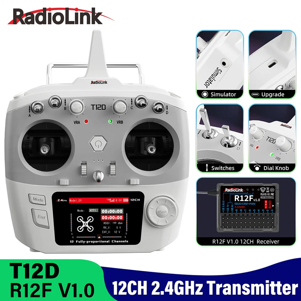 RadioLink T12D 12CH RC Transmitter 2.4G R12F Receiver for Drone Car Boat - Image 4 of 4