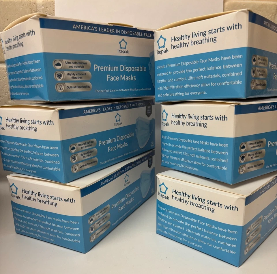 Litepak Premium Disposable Face Mask, Blue - 125 Pack, Set of 6 - Image 3 of 3
