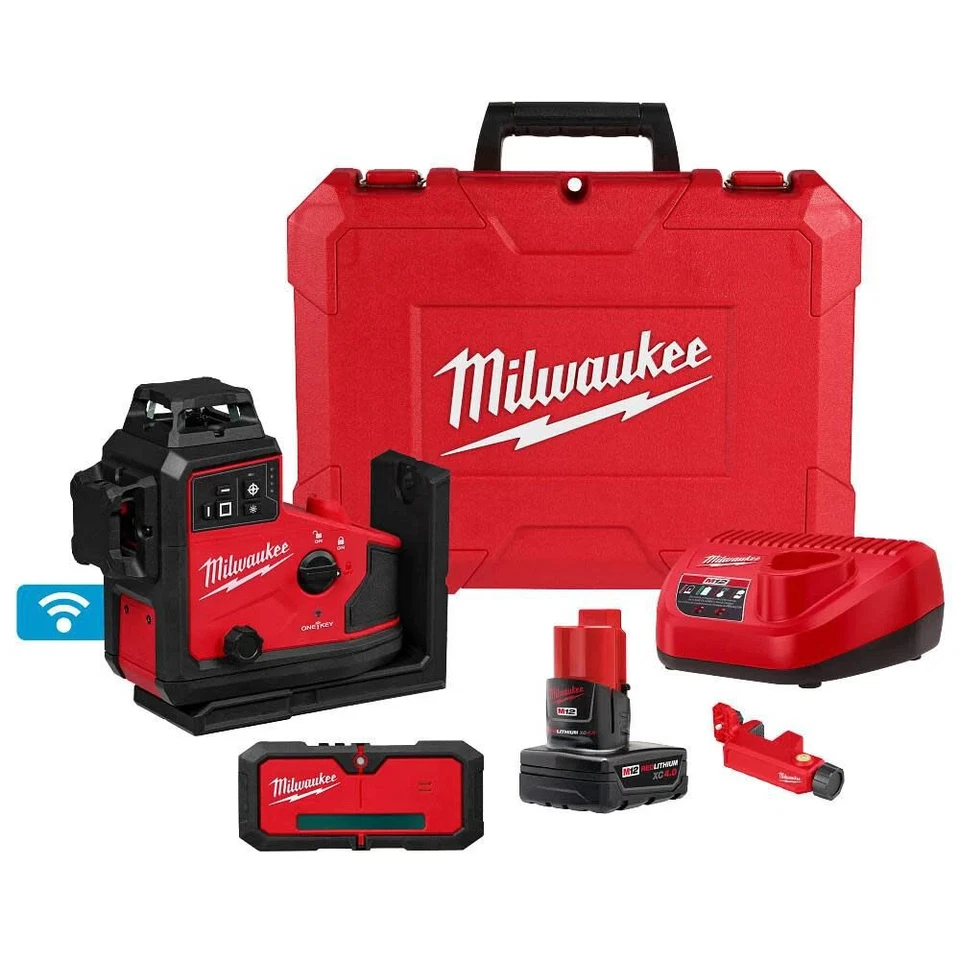 Milwaukee M12 Green 360 3-Plane Laser With Automatic Alignment & Receiver