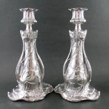 ART NOUVEAU Quadruple Silver 11" CANDLESTICKS - antique PAIRPOINT #6172, c.1904