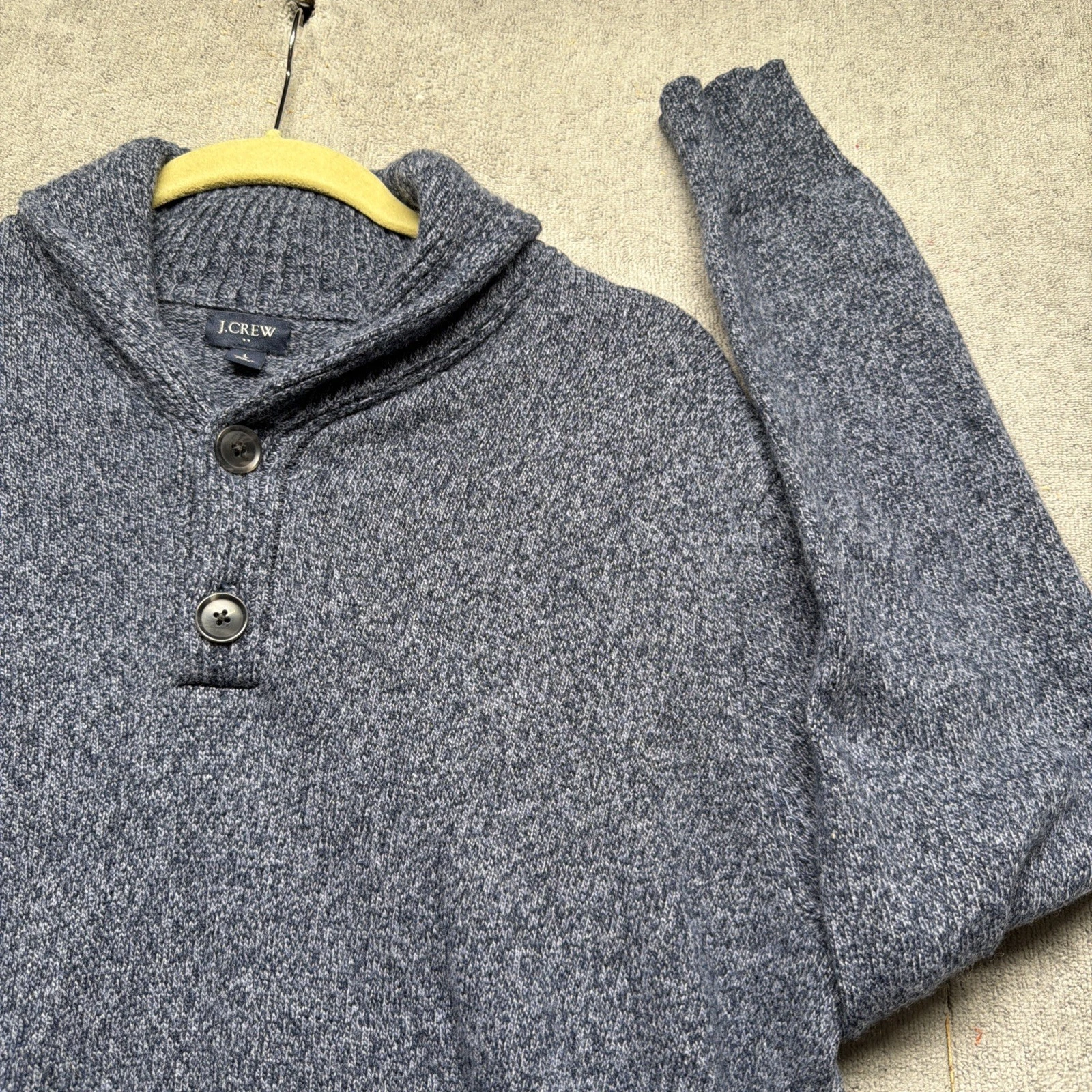 J Crew Sweater Mens Large Lambswool Blend Shawl Collar Button Neck Blue
