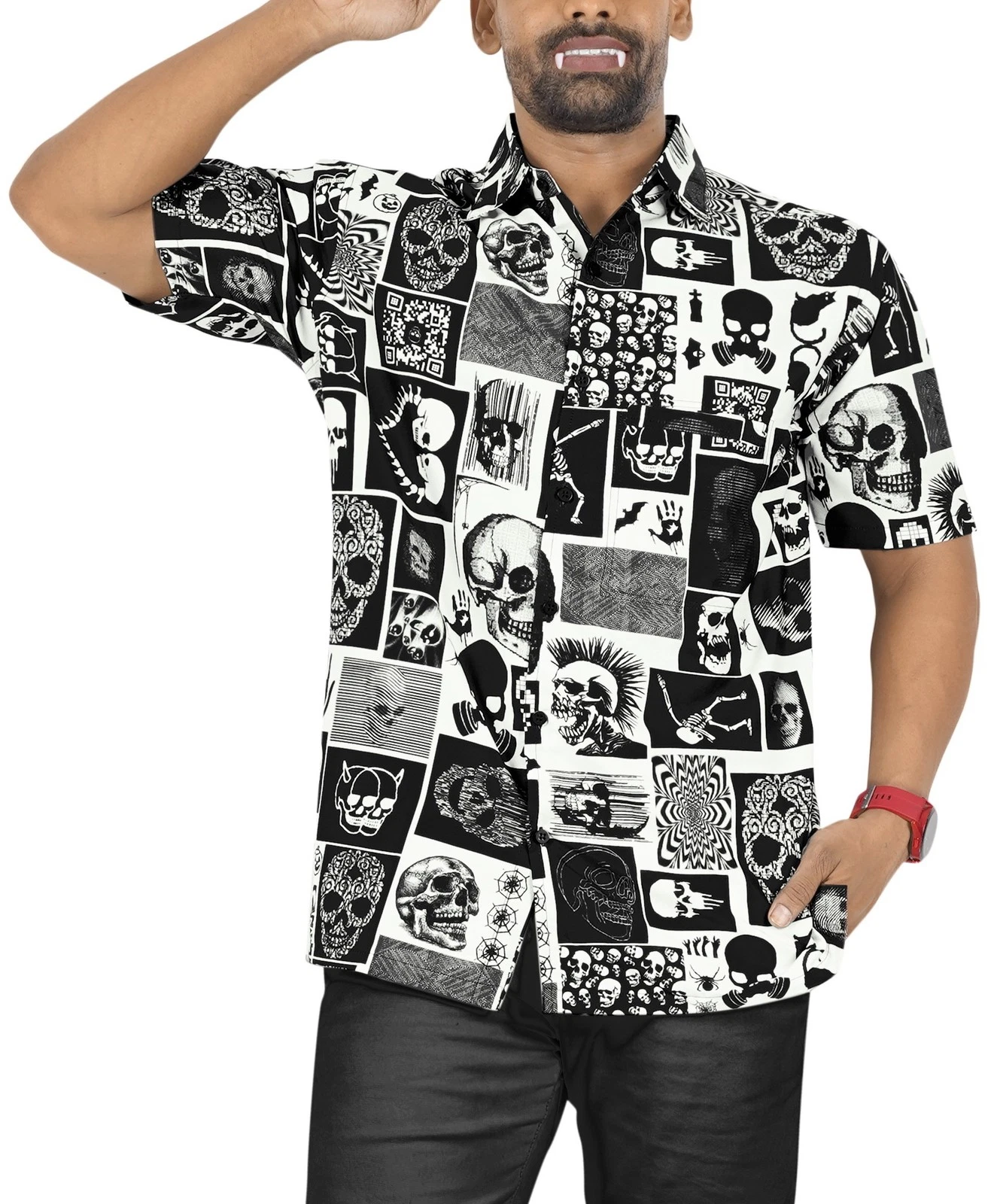 LA LEELA Mens Hawaiian Short Sleeve Button Down Shirts XL Allover Skulls, Black