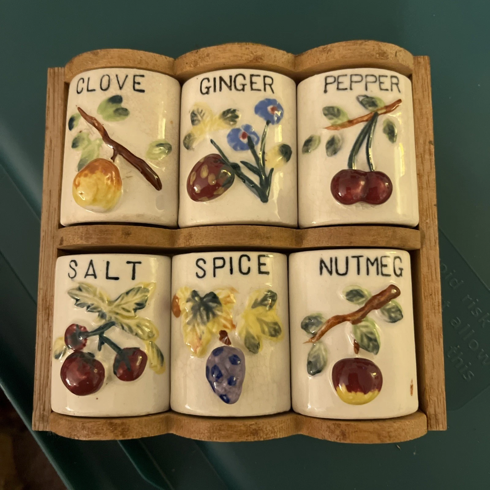 Vintage Ceramic Spice Set 6 Jars Wood Holder Spice Jars