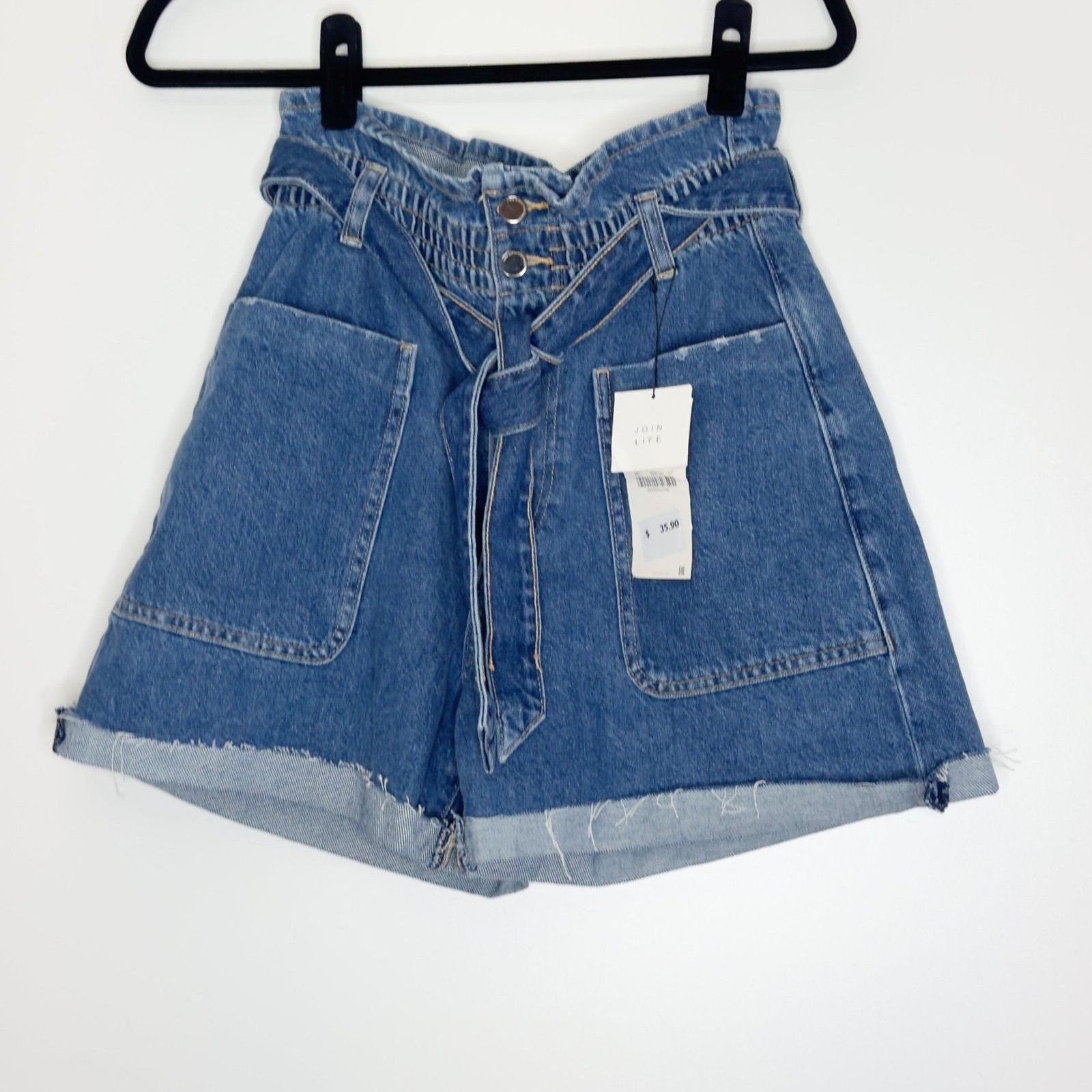 New Zara Paperbag High Waist Belted Denim Shorts Women's Size 6