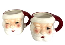 2 Pottery Barn Winking Santa Claus Hot Chocolate Mugs Ceramic 3" Tall 2013 NEW