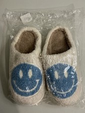 Cream Colored Slippers With Blue Smiley Face