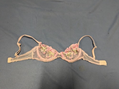 Sujetador de Encaje Rosa 34B Bordado Barbie Núcleo Flores Encaje Transparente Delicado RARO - Imagen 4 de 8