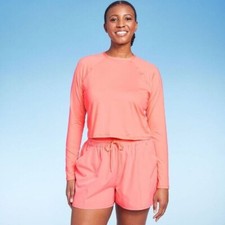 Kona Sol Women's UPF 50 Cropped Crewneck Long Sleeve Rash Guard Coral Medium