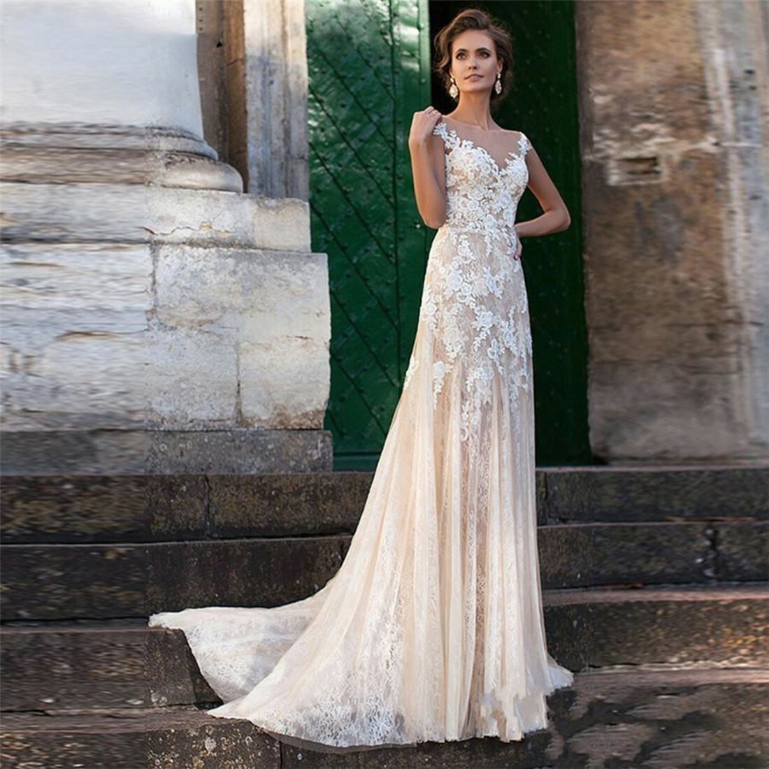 Champagne Lace Mermaid Sheer Wedding Dress Cap Sleeve Zipper Bridal Gown  Custom | eBay