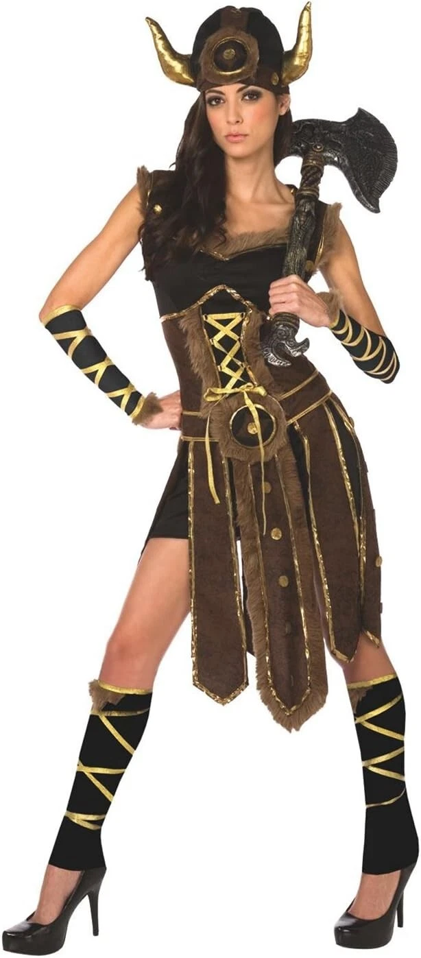 Womens Viking Costume + Helmet Ladies Barbarian Warrior Princes Dress Halloween