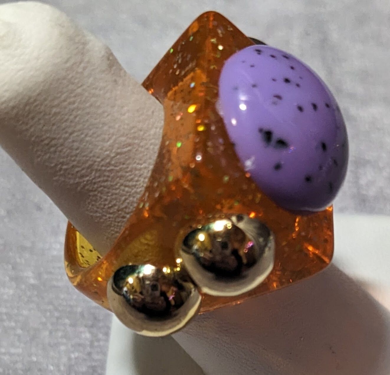 Chunky Translucent Orange Glitter Ring With Gold … - image 9