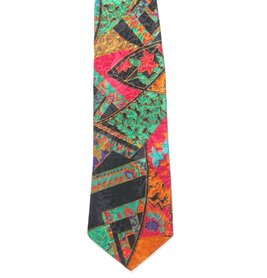 Corbata de cuello vintage años 90 ELEMENTS mezcla floral cloisonne negro verde magenta para hombre Foto 2 de 3