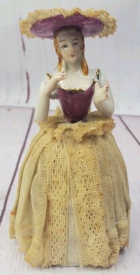 Vintage Porcelain Victorian Women Starched Dress, Hat, Painted Nails