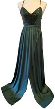 Evening Dress Women XS Party Prom Gown Green Sequins Silky Long Maxi Sleeveless
