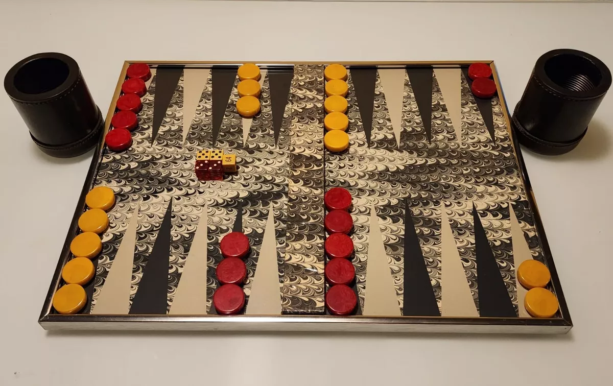 Mid Century Modern Backgammon Set Chrome Framed Butterscotch Red