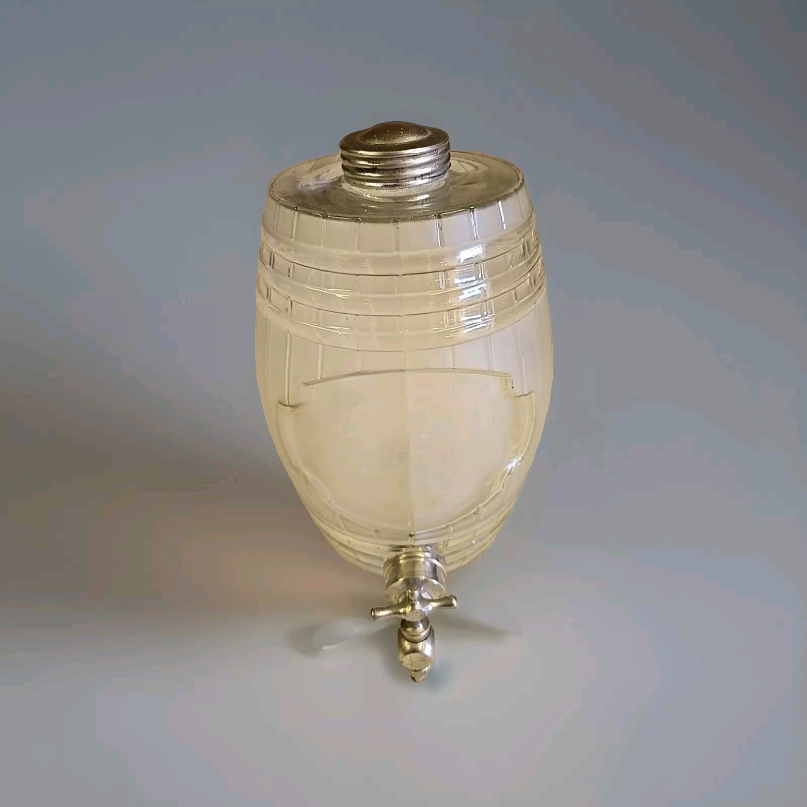 Antique Frosted Glass Figural Whiskey Barrel Keg Syrup / Liqour Dispenser Tap