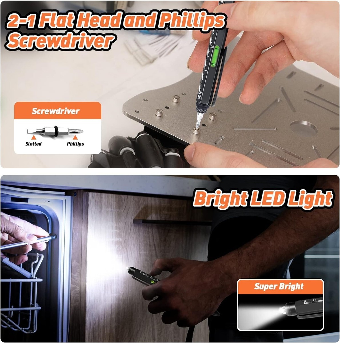 OEAGO 9-in-1 Multitool Pen – 2-Pack Gadget Set With Screwdriver, Ruler, Level, Stylus, LED Light & Bottle Opener – Great Gift For Men/Dad
