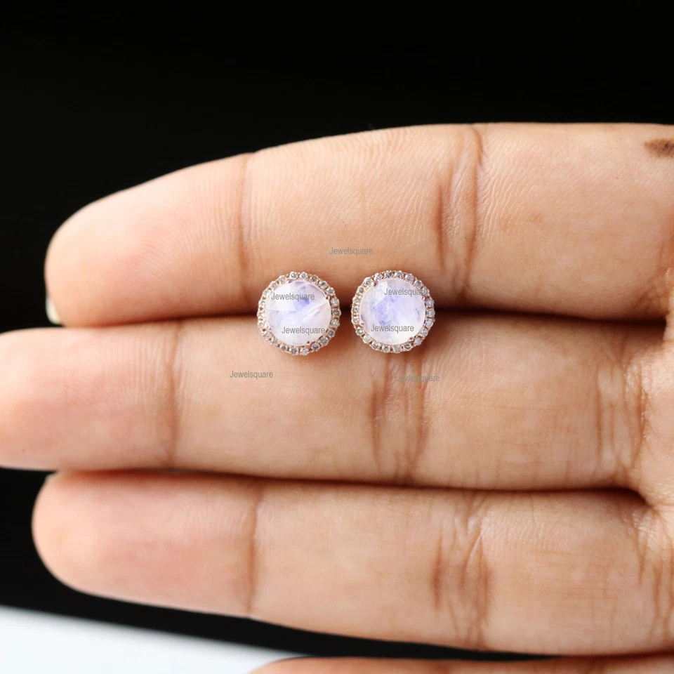 New 14k Yellow Gold Rainbow Moonstone & Real Diamond Halo Tiny Studs Earrings - Image 4 of 4