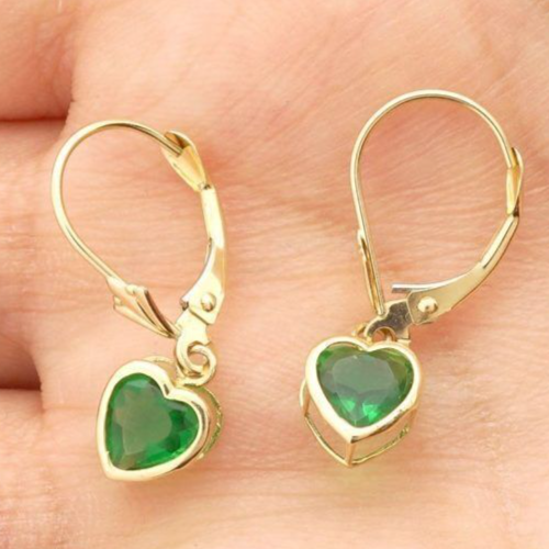 Bezel Shaped Simulated Emerald 14K Yellow Gold Dangle Leverback