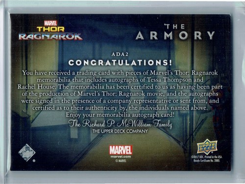 Thor Ragnarok Dual Autograph Costume Card ADA2 Tessa Thompson & Rachel House - Zdjęcie 3 z 3