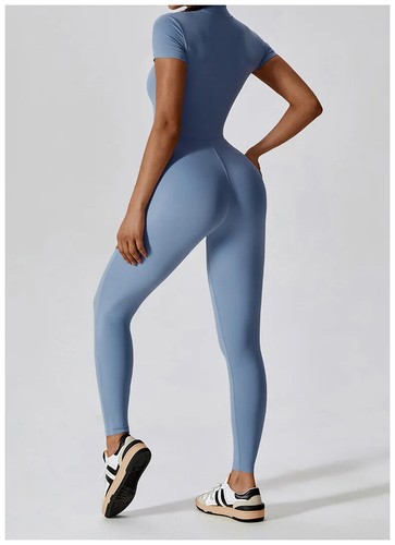 Yoga Set Women's Jumpsuits One-Piece Suit Zipper Short Sleeve Gym Clothes - Picture 16 of 28