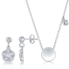 Sterling Silver Shiny Circle with Tiny CZ Flower Necklace and Earrings Set